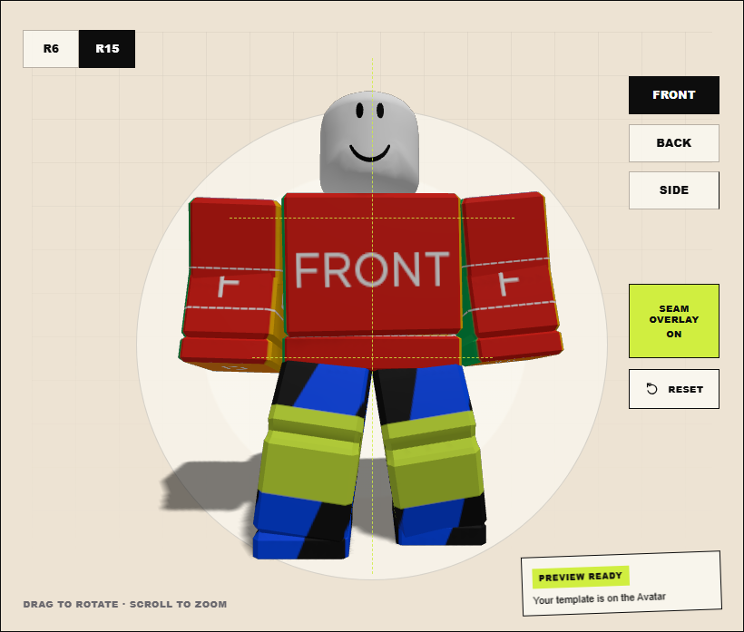 Roblox Clothing Tester showing a labeled Shirt template on the front of an R15 Avatar