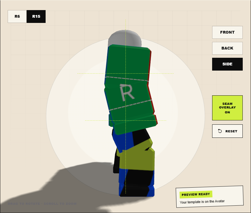 Labeled Roblox Shirt template viewed from the side on an R15 Avatar