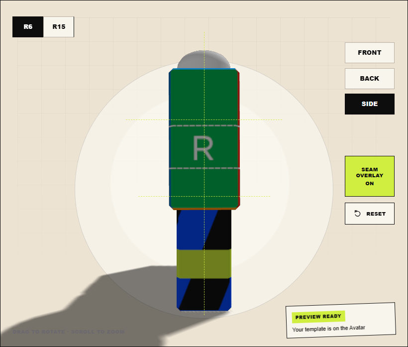 Labeled Roblox Shirt template viewed from the side on an R6 Avatar