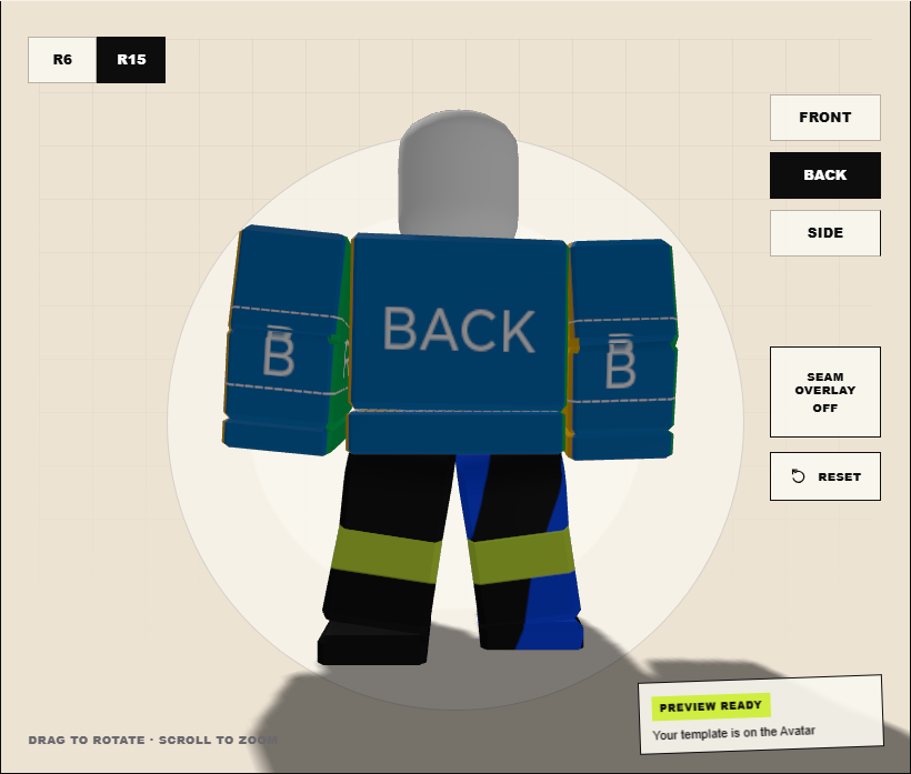 Back of a Roblox Shirt template with the Seam Overlay turned off