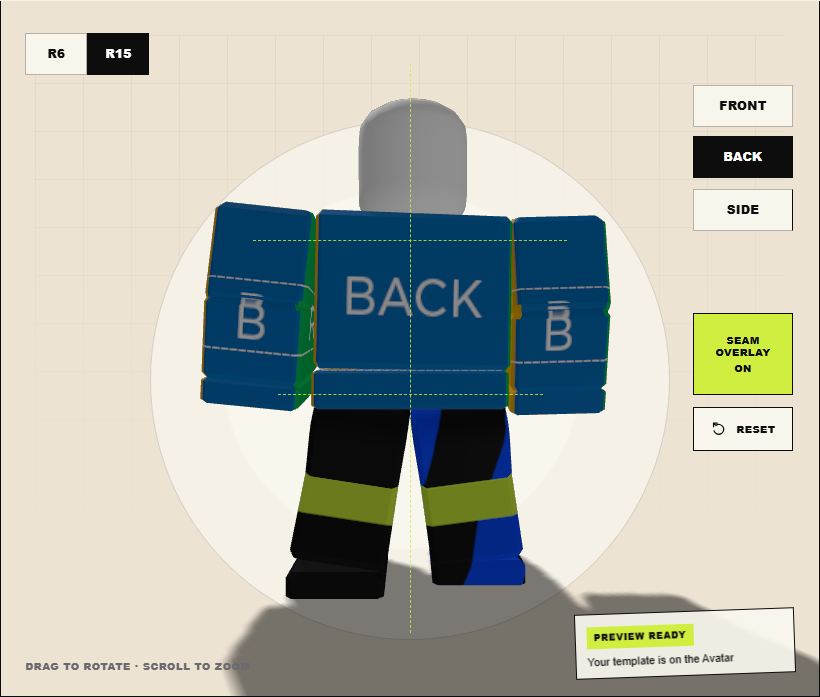 Back of the same Roblox Shirt template with the Seam Overlay turned on